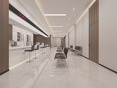 Modern Government Service Hall Interior Design With Service Counters Waiting Chairs And Bright Lighting 3d model