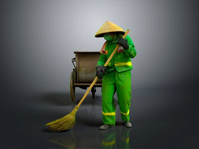 A Man Wearing Green Work Uniform And Conical Hat Sweeping With Broom And Handcart 3d model