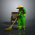 A Man Wearing Green Work Uniform And Conical Hat Sweeping With Broom And Handcart