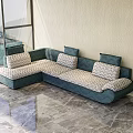 Modern Irregular Shaped Teal Sofa With Patterned Cushions On Marble Floor And Large Window 3d model