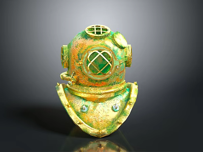 Vintage Diving Helmet With Brass Green Patina Round Glass Window And Top Grille 3d model