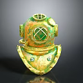 Vintage Diving Helmet With Brass Green Patina Round Glass Window And Top Grille