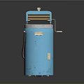 Blue Cylindrical Vintage Electronic Appliance With Top Roller Handle And Metal Base