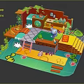 Colorful Cartoon Interior Design With Furniture Tables Chairs And Decorative Plants