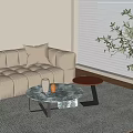 Modern Round Coffee Table With Marble Top Metal Frame And Decorative Vases In Living Room