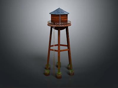 Wooden Water Tower Shaped Decorative Furniture With Roof And Support Legs 3d model