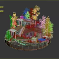 Cartoon Scene With Red Houses Green Roofs Trees And Boat On Circular Island
