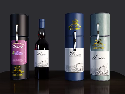 Luxury Wine Bottle And Glasses With Decorative Colored Boxes On Wooden Table 3d model