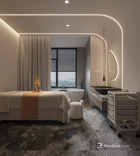 Modern SPA Room With Massage Bed Bathtub And Scenic View 3d model 