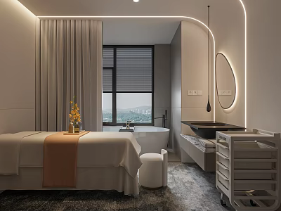 Modern SPA Room With Massage Bed Bathtub And Scenic View 3d model