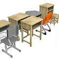 Student Wooden Desks With Drawers And Orange Gray Chairs Multiple Classroom Seats