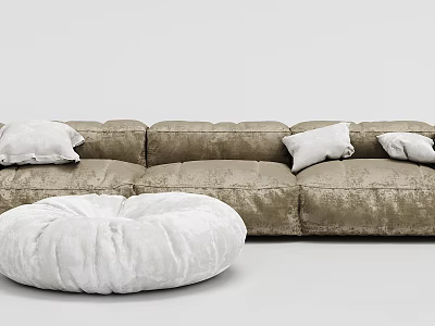 Beige Velvet Three Seater Sofa With White Cushions And Round White Pouf 3d model