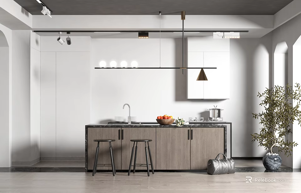 Modern Bar Counter With Wooden Top Black Stools Pendant Lights And Side Plant Decor 3d model 