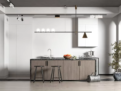 Modern Bar Counter With Wooden Top Black Stools Pendant Lights And Side Plant Decor 3d model