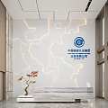 Modern Corporate Reception Desk With Marble Top Geometric Light Background Wall And Decorative Plant