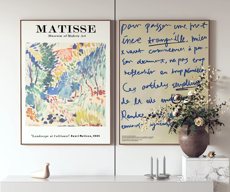 Wall Decor Featuring Matisse Artwork And Handwritten Text With Vase And Candles 3d model