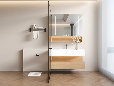Modern Bathroom Interior With Glass Shower Partition Wooden Vanity And Wall Mirror 3d model