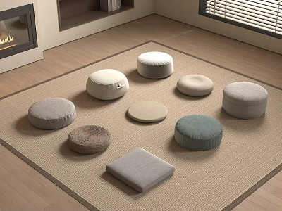 Various Colored Round And Square Floor Cushions On Cozy Living Room Rug 3d model