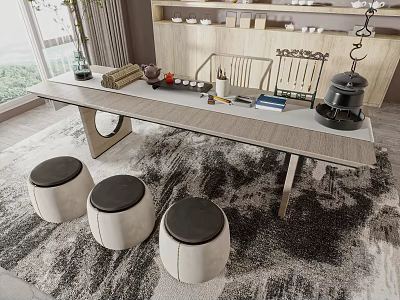Modern Tea Table and Chairs with Tea Set Decorations and Round Stools on Patterned Rug 3d model