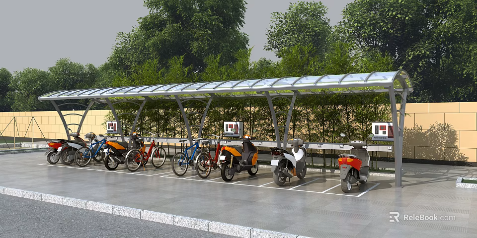 Outdoor Charging Station With Canopy For Parked Motorcycles And Bicycles Near Trees 3d model 