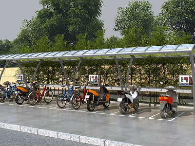 Outdoor Charging Station With Canopy For Parked Motorcycles And Bicycles Near Trees 3d model