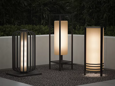 Modern Outdoor Lights With Black Metal Frames And Warm White Lampshades In Garden 3d model