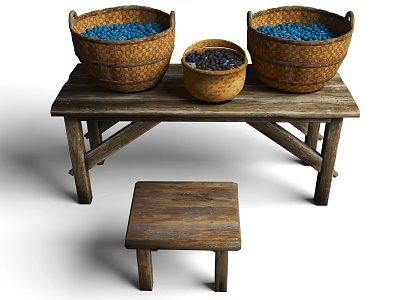 Rustic Wooden Table With Stool And Baskets Filled Blue Dark Beans 3d model