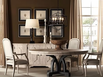 Elegant Round Dining Table Set With Light Colored Chairs Framed Artworks And Sideboard 3d model