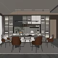 Modern Restaurant Interior With Dining Table Chairs Wine Racks Hanging Lights And Green Plants