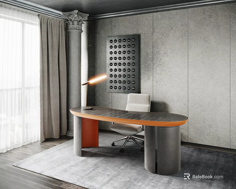 Modern Desk Design With Orange And Gray Chair Dot Pattern Wall Decor And Table Lamp 3d model 