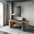 Modern Desk Design With Orange And Gray Chair Dot Pattern Wall Decor And Table Lamp
