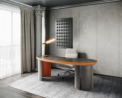 Modern Desk Design With Orange And Gray Chair Dot Pattern Wall Decor And Table Lamp 3d model