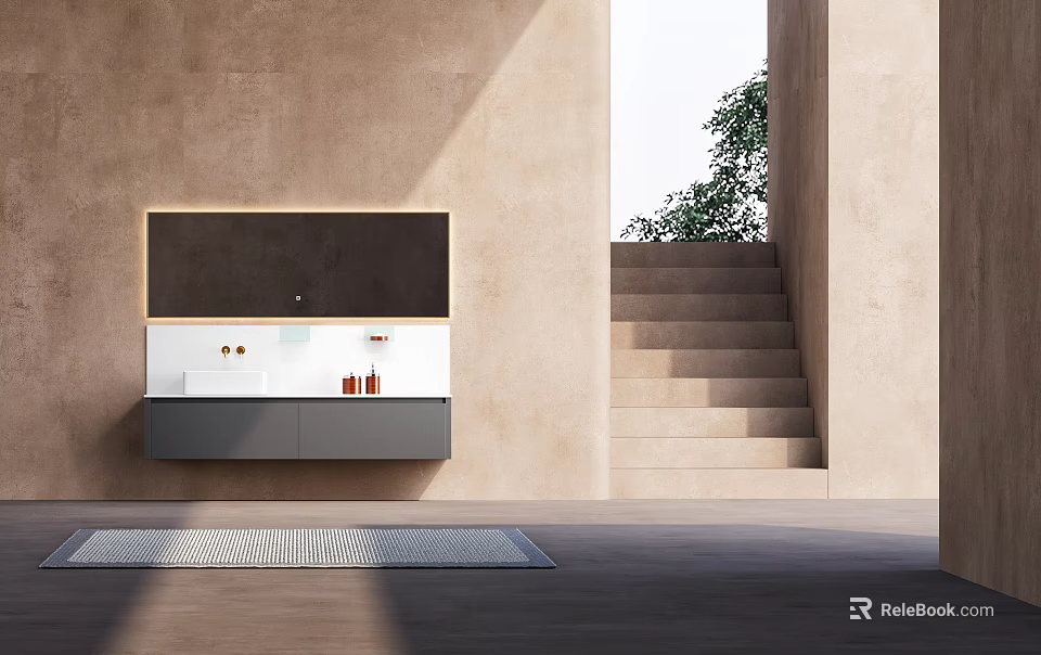Minimalist Modern Bathroom Cabinet Design With Beige Wall And Wooden Countertop 3d model 