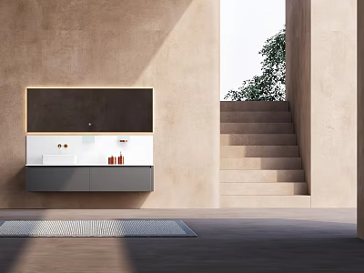 Minimalist Modern Bathroom Cabinet Design With Beige Wall And Wooden Countertop 3d model