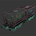Green Cylindrical Tank Fixed On Metal Frame With Wheeled Railway Base