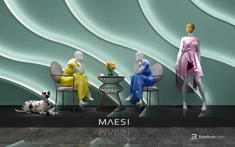 Store Window Display With Mannequins In Colorful Dresses Curved Green Wall And Dalmatian Dog 3d model 