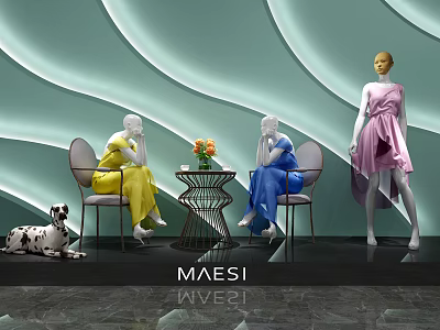 Store Window Display With Mannequins In Colorful Dresses Curved Green Wall And Dalmatian Dog 3d model