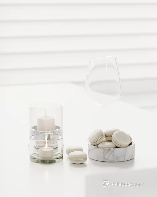 Decorative Ornament Combination With Clear Wine Glass Candle Holder And Macarons In Marble Container 3d model 