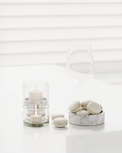 Decorative Ornament Combination With Clear Wine Glass Candle Holder And Macarons In Marble Container 3d model