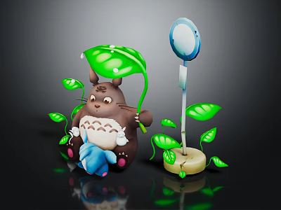 Brown Totoro Holding Small Blue Creature With Green Leaves And White Pole 3d model