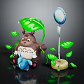 Brown Totoro Holding Small Blue Creature With Green Leaves And White Pole