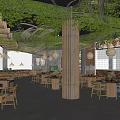 Natural Restaurant Interior Featuring Woven Pendant Lights Wooden Tables Chairs Menu Display And Green Plants