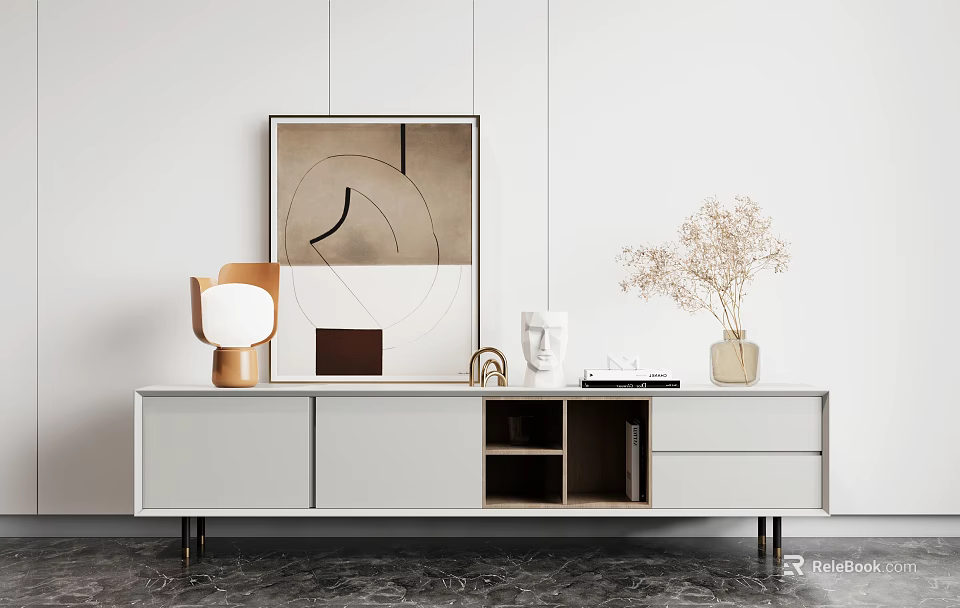 Modern Light Gray TV Stand With Decorative Lamp Vase Dried Flowers And Wall Art 3d model 