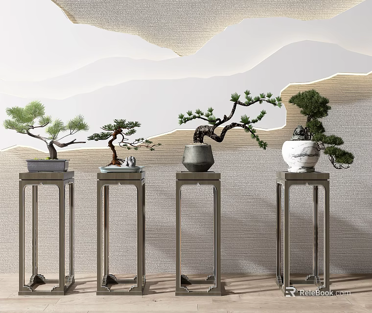 Elegant Bonsai Trees on Metal Stands with Landscape Patterned Wall and Decorative Pots 3d model 
