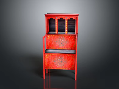Elegant Red Carved Storage Cabinet Shelf with Traditional Design and Decorative Patterns 3d model
