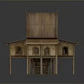 Traditional Wooden Building With Stilt Structure Pitched Roof Carved Details And Multi Gabled Design