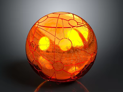 Orange Decorative Sphere with Grid Like Lines Circular Patterns and Glowing Interior Transparent Surface 3d model