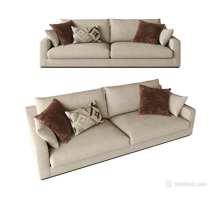 Modern Beige Double Sofa With Brown Pillows And Geometric Patterned Cushions 3d model 