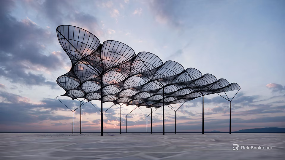 Modern Pergola With Net-like Metal Frame Against Sunset Sky And Open Space 3d model 