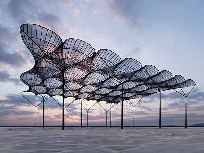 Modern Pergola With Net-like Metal Frame Against Sunset Sky And Open Space 3d model